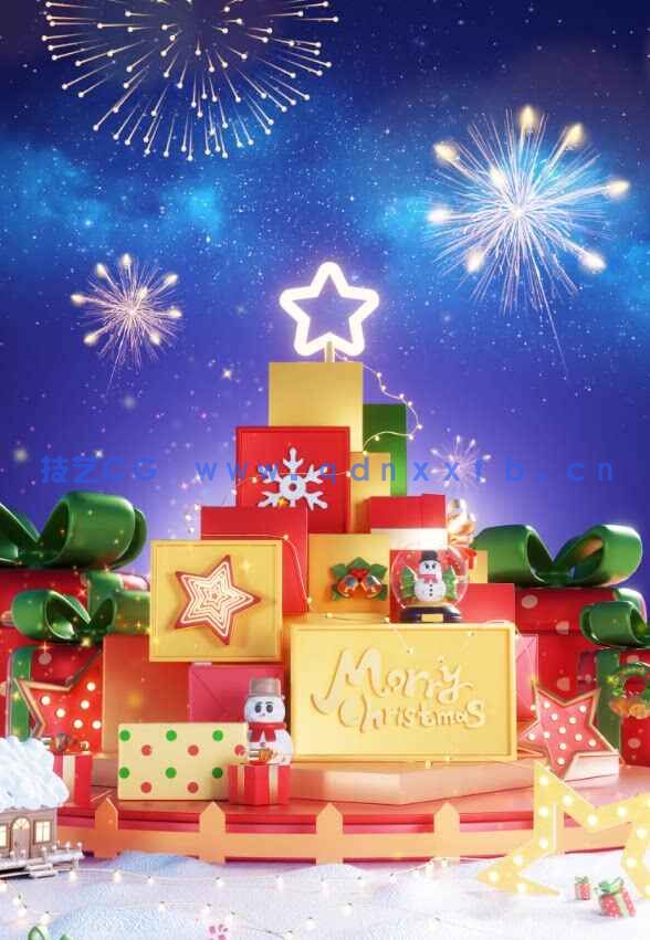 C4D圣诞节夜晚礼盒电商海报展台OC渲染3D立体场景(图1)