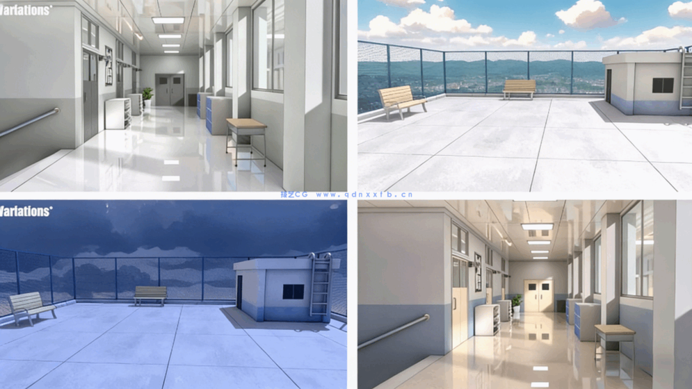 Blender动漫风格校园走廊与天台场景完整制作流程视频(图1)