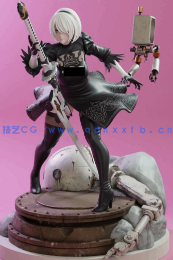 [3D打印人物] 尤尔哈2B与机器人随从《尼尔：机械纪元》游戏角色雕刻手办3D(图1)