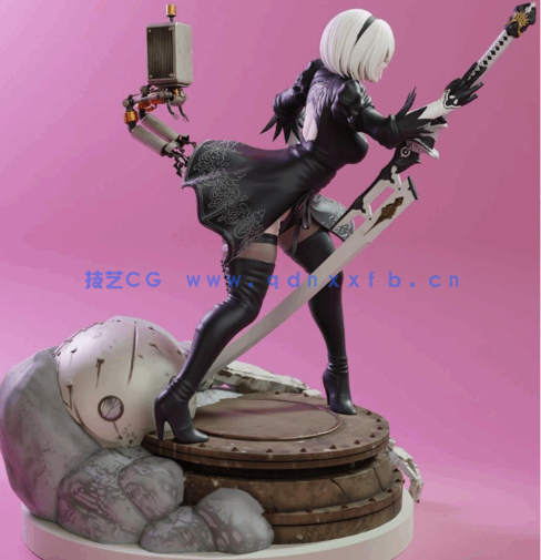 [3D打印人物] 尤尔哈2B与机器人随从《尼尔：机械纪元》游戏角色雕刻手办3D(图2)