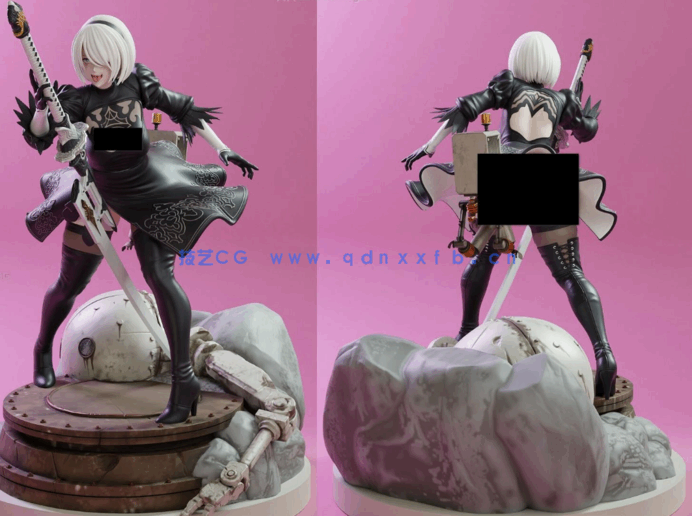 [3D打印人物] 尤尔哈2B与机器人随从《尼尔：机械纪元》游戏角色雕刻手办3D(图4)