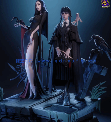 [3D打印人物] 星期三·亚当斯与魔蒂夏·亚当斯《星期三》影视角色雕刻手办3D(图1)