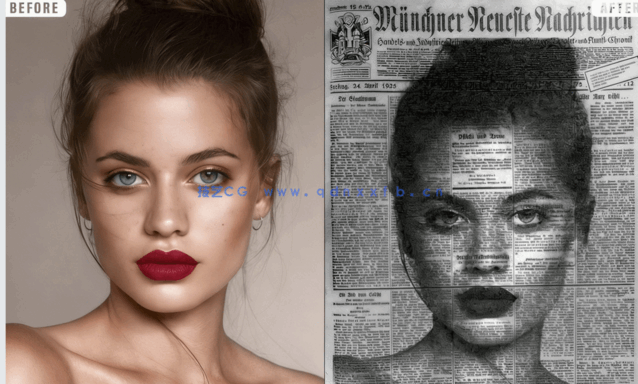 新闻黑白报纸纹理效果人像PSD模板(图1)