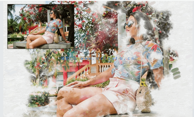 逼真写实梦幻烟雾淡彩效果水彩画风景人像PSD模板(图1)