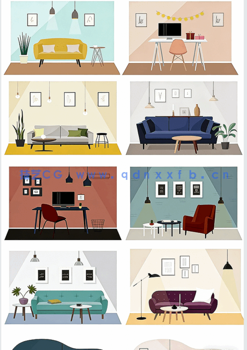室内插画场景家具植物拼贴风效果图psd分层素材(图2)