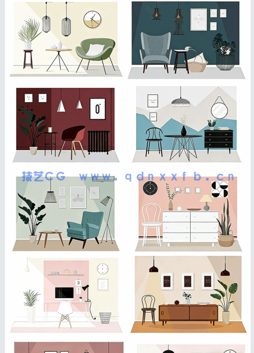 室内插画场景家具植物拼贴风效果图psd分层素材(图3)