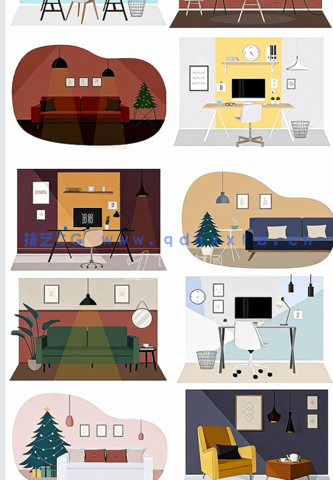 室内插画场景家具植物拼贴风效果图psd分层素材(图5)
