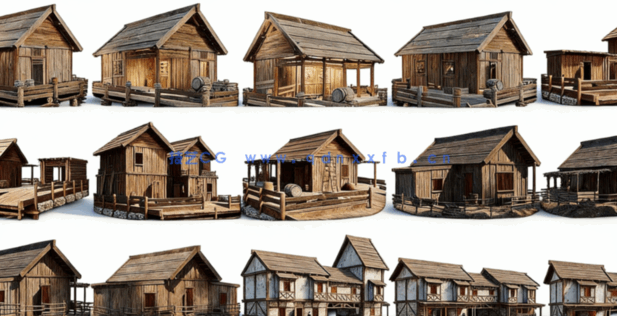 [建筑景观] 200座中世纪木质房屋建筑场景3D模型合集(图2)