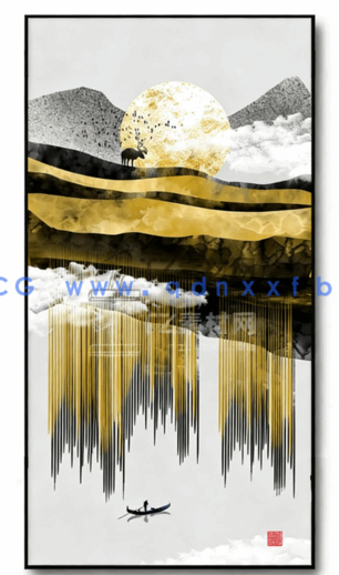 新中式抽象金箔线条山水意境轻奢玄关装饰画素材(图3)