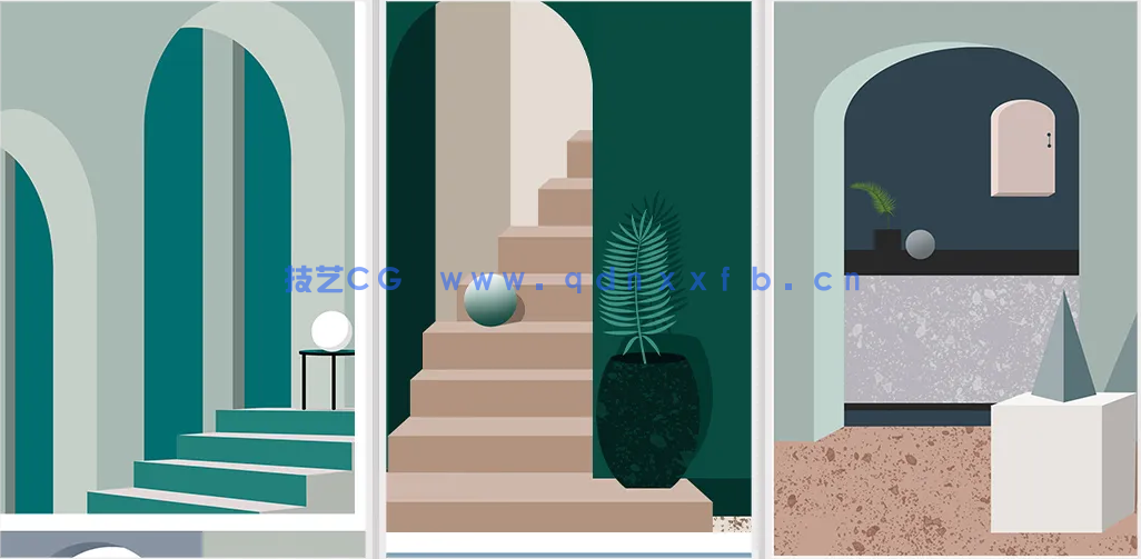 莫兰迪色系几何建筑沙发背景装饰画贴图素材(图1)