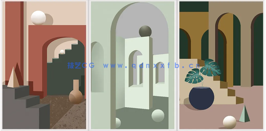 莫兰迪色系几何建筑沙发背景装饰画贴图素材(图4)