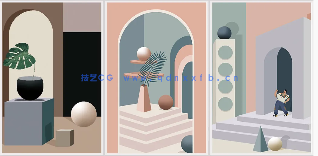 莫兰迪色系几何建筑沙发背景装饰画贴图素材(图5)