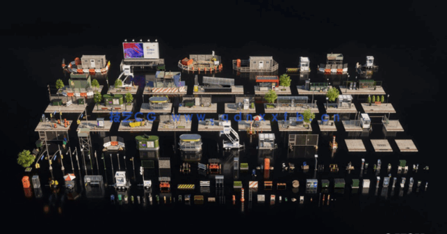 C4D超大现代城市地铁电话亭报摊岗亭工地建筑模型合集(图2)