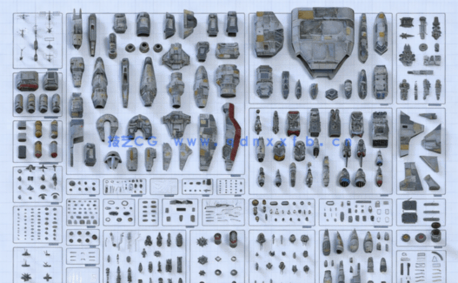 C4D太空舰队零件飞船机组人员科幻未来战舰模型合集(图1)