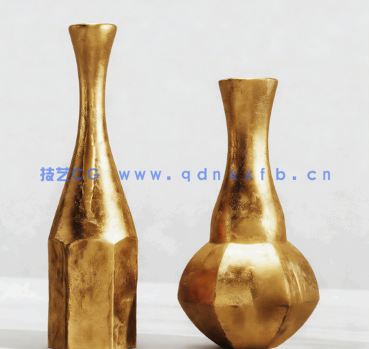 [家具模型] 精美樱花枝植物铝制金属花瓶3D模型(图6)