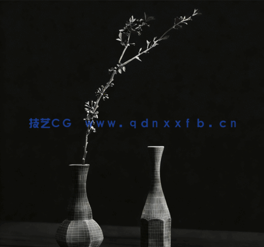 [家具模型] 精美樱花枝植物铝制金属花瓶3D模型(图2)