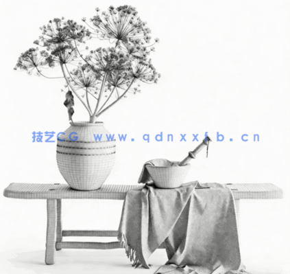[家具模型] 乡村风格装饰品套装长凳花瓶粘土器皿布艺等3D模型(图4)