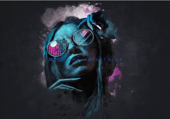 半色调水彩画纹理效果人像PSD模板(图1)