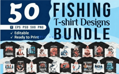 卡通钓鱼场景T恤图案PSD模板合集(图1)