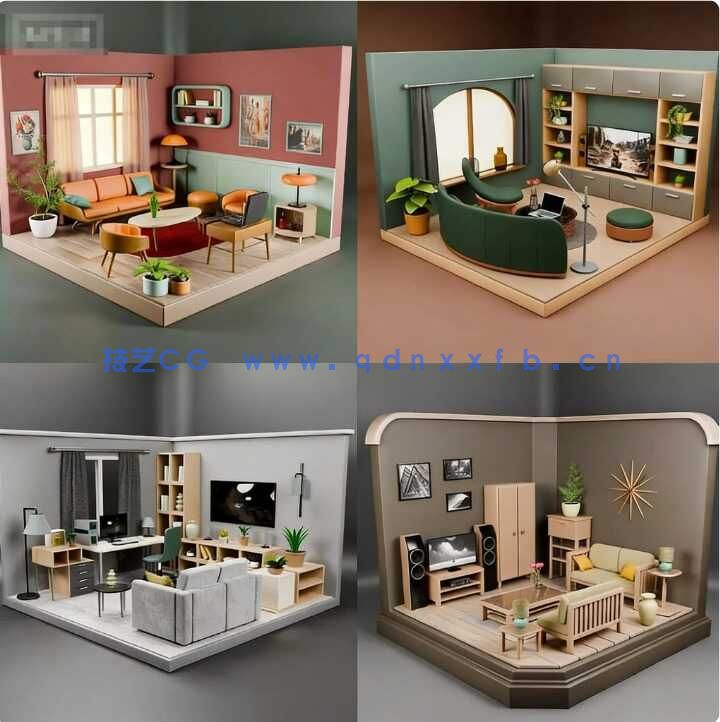 室内设计] 12组等轴视角迷你小房间室内场景3D模型合集(图3)