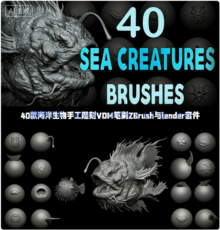 40款海洋生物手工雕刻VDM笔刷ZBrush与lender套件