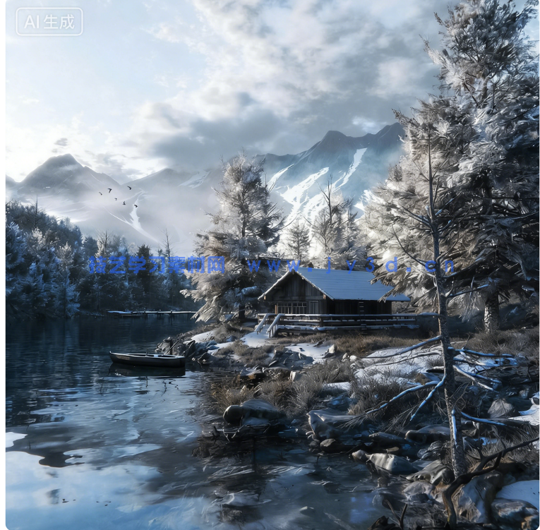 Blender冬日湖畔木屋3D户外自然景观场景模型