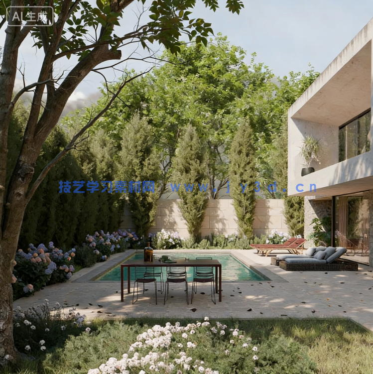 Blender 别墅游泳池院落场景模型