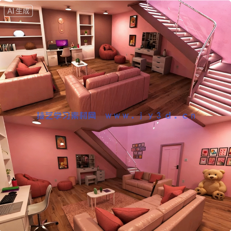 Blender 粉色室内卧室场景模型