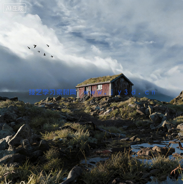 Blender山顶小木屋户外景观场景模型