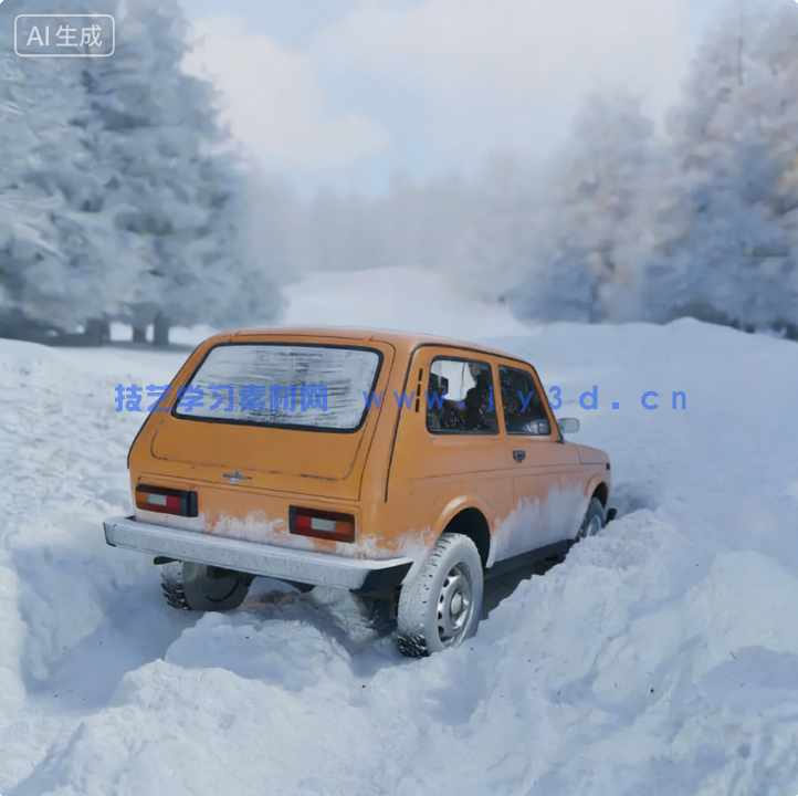  Blender汽车被困雪地场景