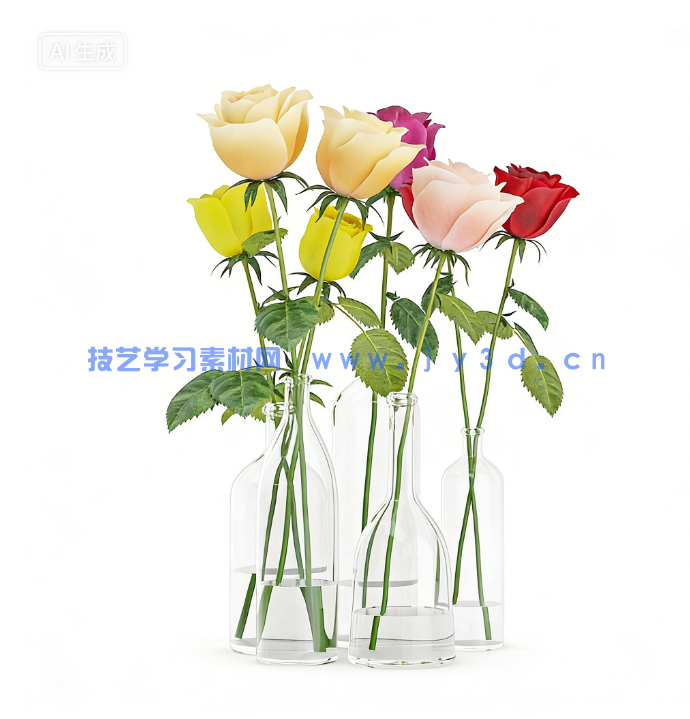 C4D玫瑰玻璃花瓶观赏花模型 Roses in Glass Vases(图1)