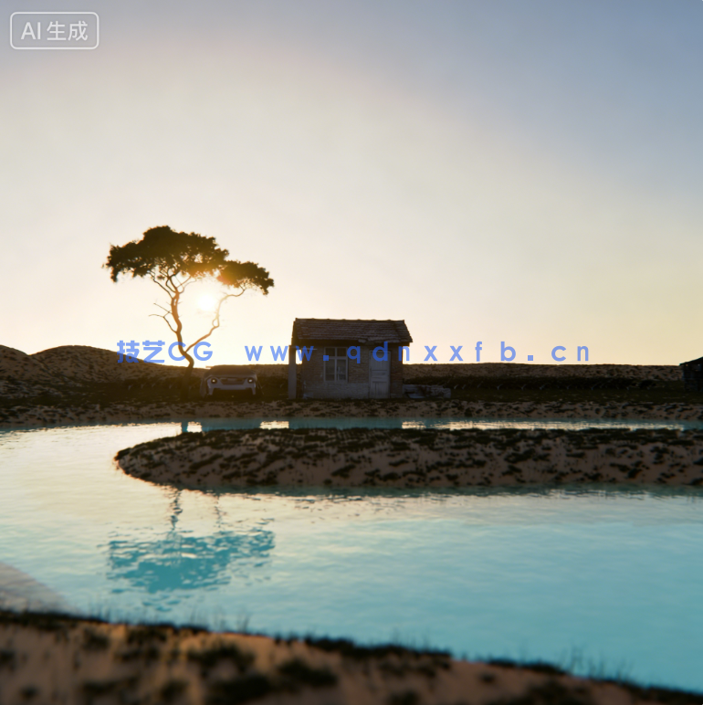 Blender湖面山水风景木屋3d模型场景工程文件带材质灯光素材